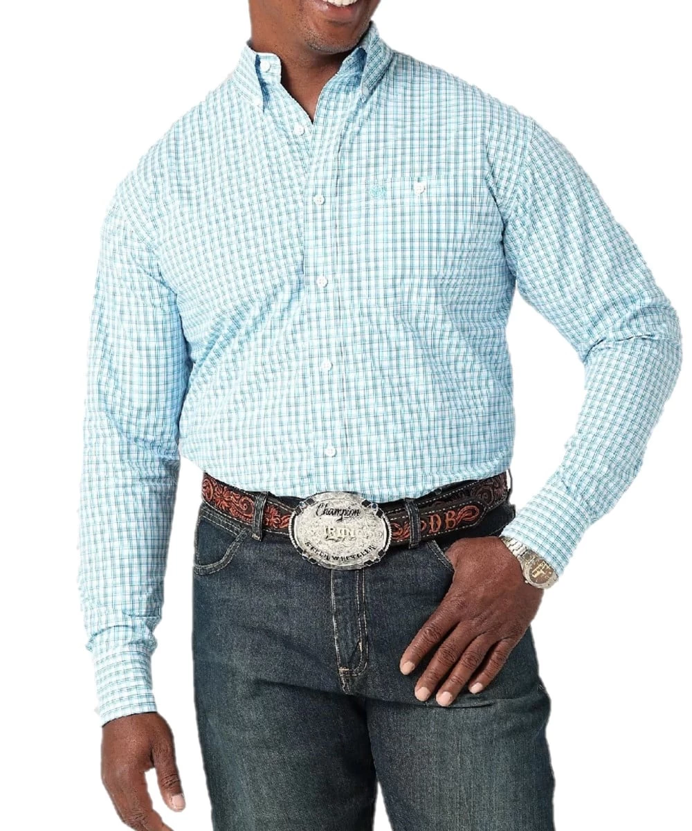 Wrangler Men's George Strait Blue Plaid Button Down Shirt 1 Wrangler Men's George Strait Blue Plaid Button Down Shirt
