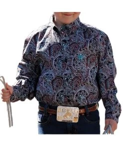 Cinch Boys' Navy Paisley Button Down Shirt