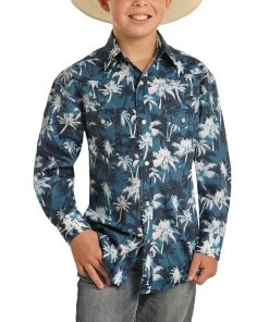 Rock & Roll Cowboy Boys' Blue Palm Print Snap Shirt